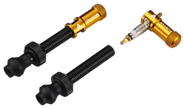 Granite Design Juicy Nipple Tubeless Valves 45 mm with Valve Key Caps Gold